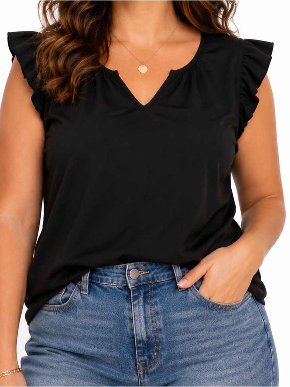 Agnes Orinda Black V Neck Ruffle Sleeve Blouse Women's 2X Plus Dark Feminine